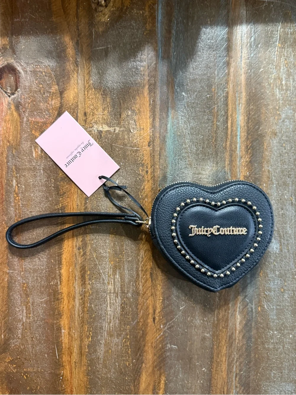 Juicy Couture Love Never Dies Heart Zip Around Wristlet Black Gold NWT